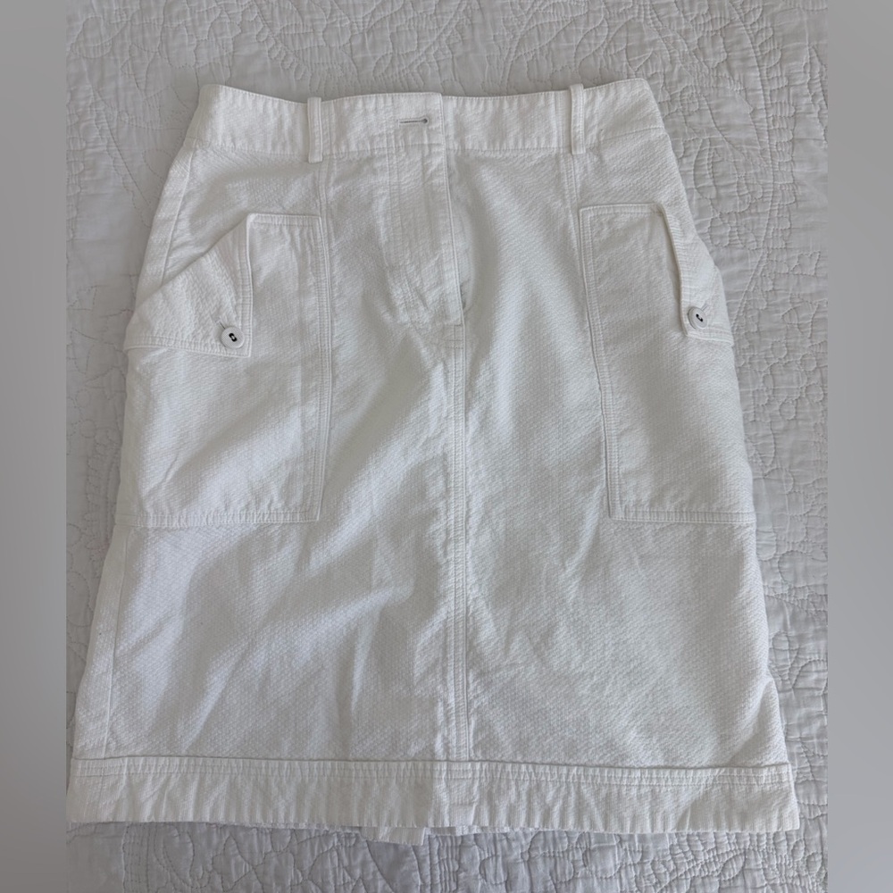 Lanvin Cream Textured A-Line Midi Skirt with Front Patch Pockets